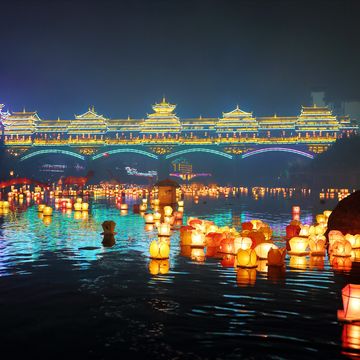 river lanterns lit to celebrate the ghost festival in guilin