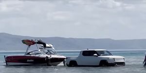 rivian r1t drives boat into bear lake in idaho