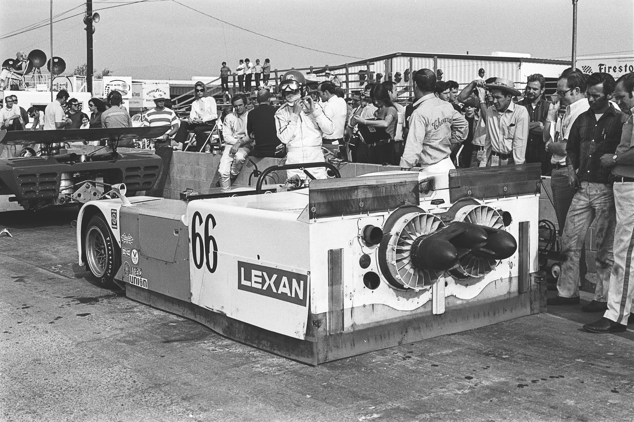 vic elford, chaparral chevrolet 2j, can am riverside, riverside, 11 january 1970 vic elford with the ground breaking, revolutionary chaparral 2j, with vacuum generated ground effect, eight years before gordon murray's brabham bt46b "fan car" photo by bernard cahiergetty images