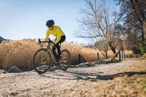 road bicyclist rides through sunny city park