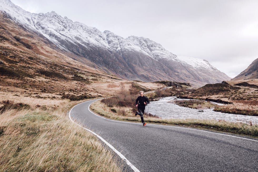 Road running in Scottish highlands near Glencoe