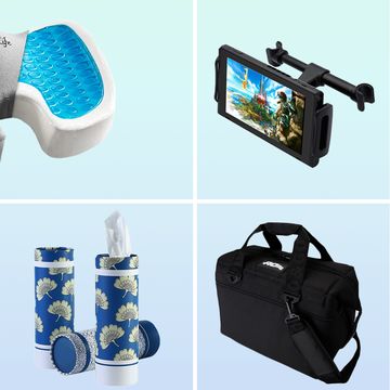 seat cushion, phone holder, water bottle, travel pillow, car cooler, car tissue box, car trash can