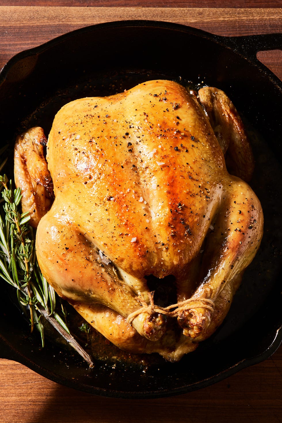 roast chicken tied in a skillet with rosemary