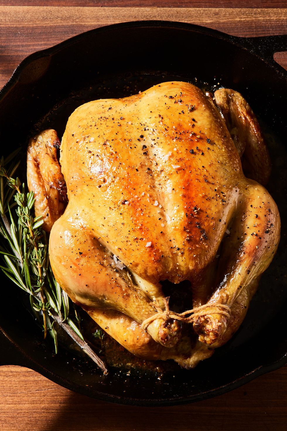 roast chicken tied in a skillet with rosemary