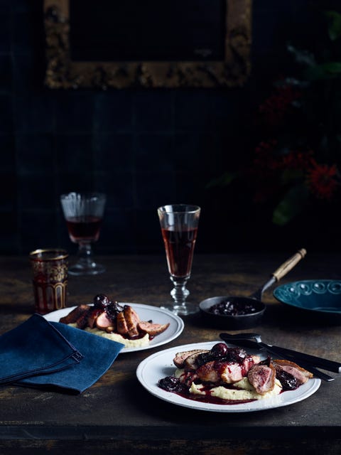 roast duck with celeriac puree cherry and pinot sauce