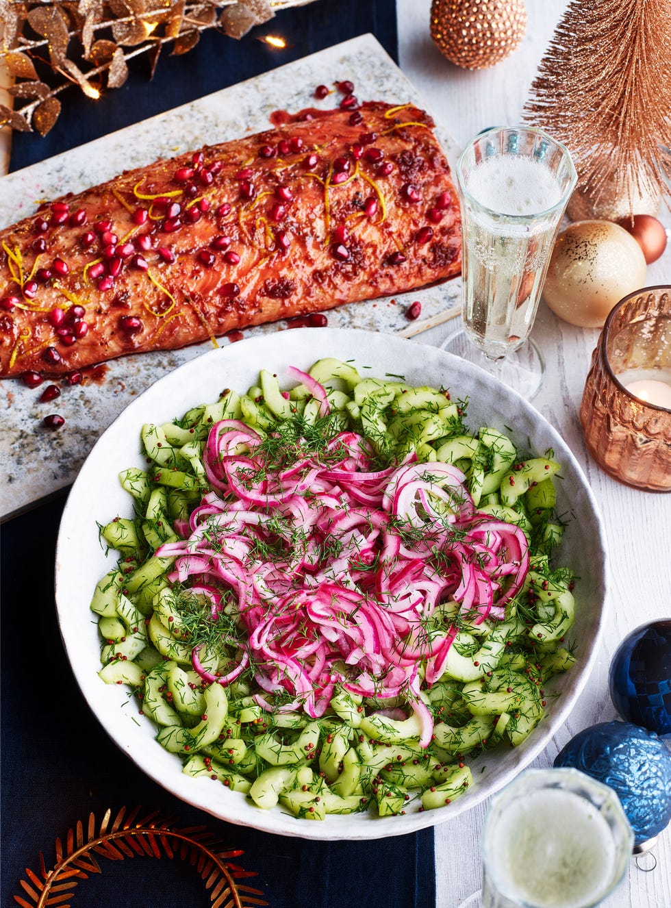 pickled cucumber salad with roast glazed salmon