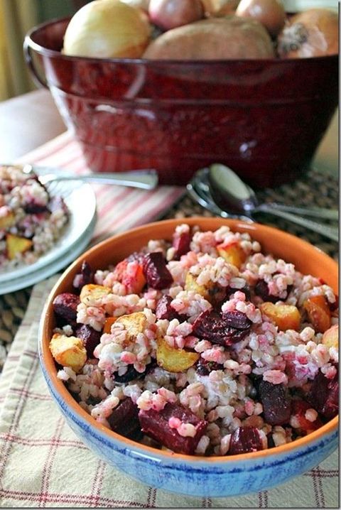 roasted beets and barley with squash and goat cheese