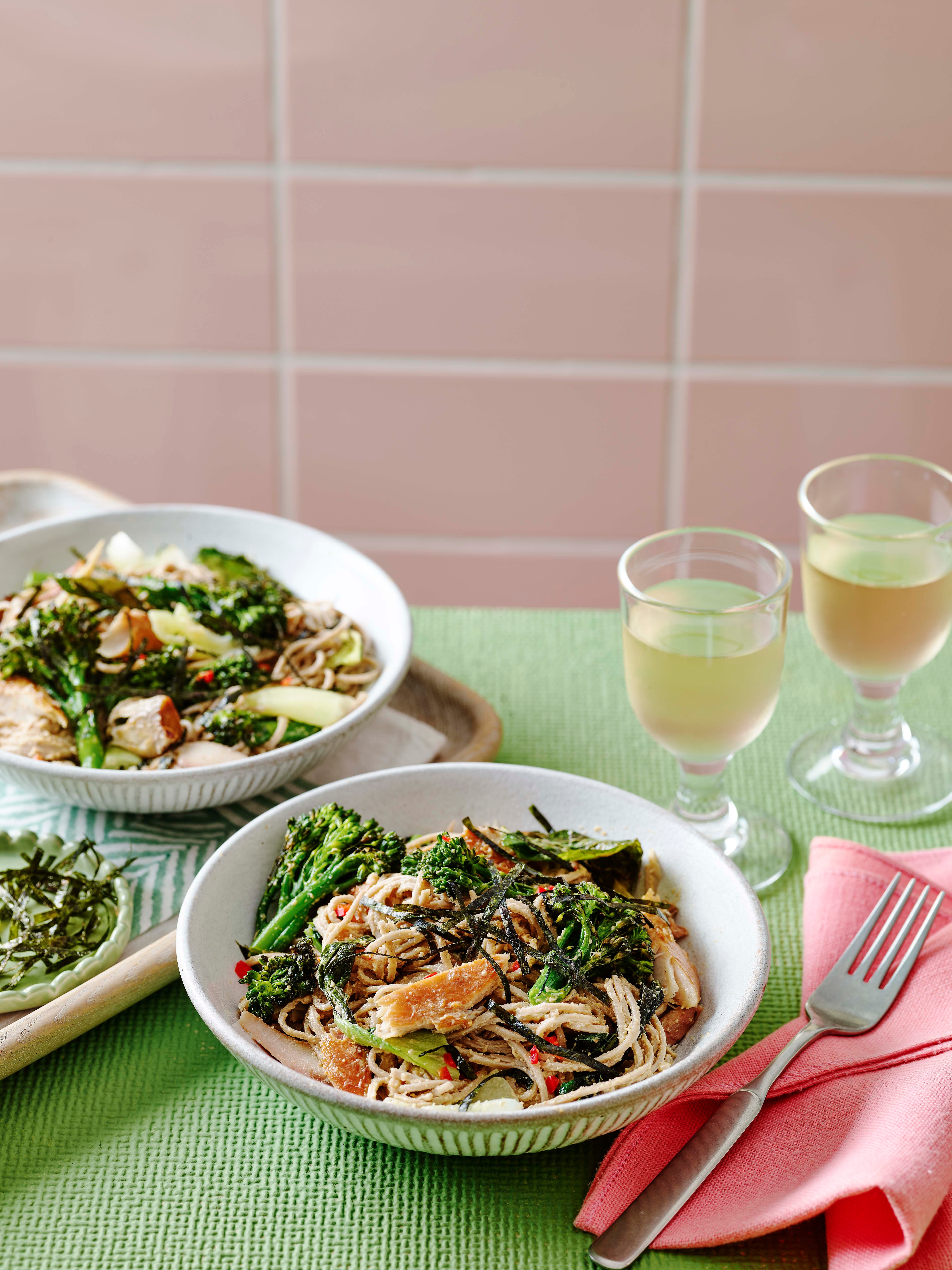 roasted broccoli and mackerel noodle salad