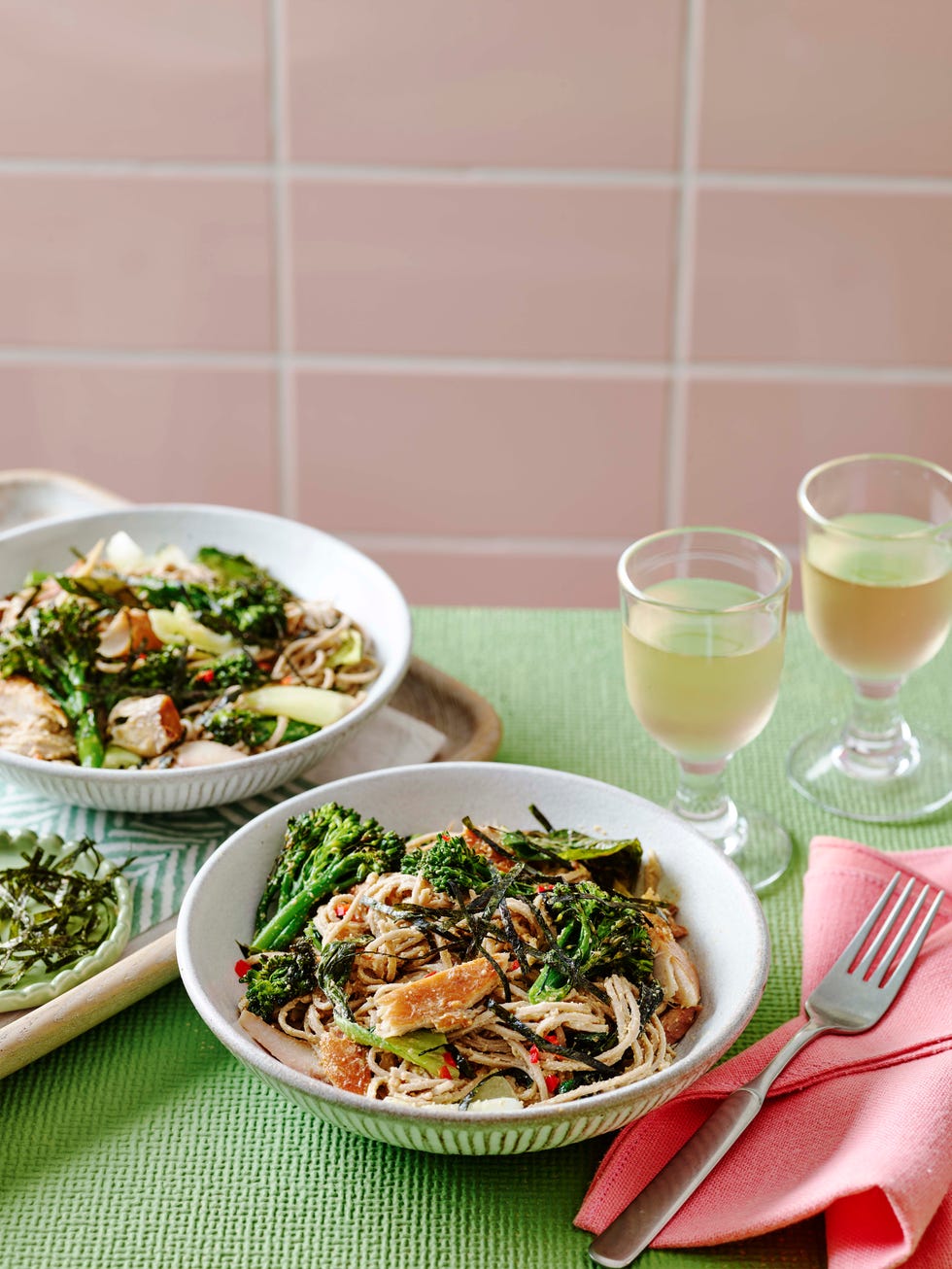 roasted broccoli and mackerel noodle salad
