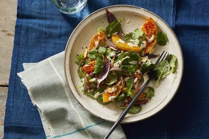 roasted butternut squash salad with tahini vinaigrette