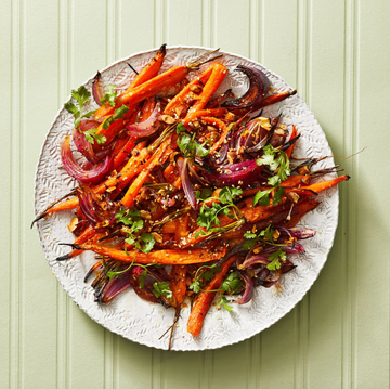 roasted carrots and red onions on a plate