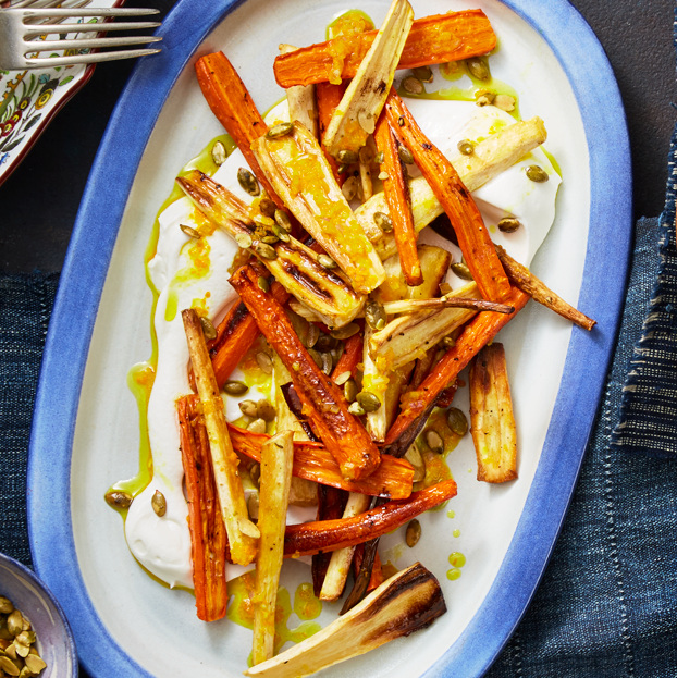 healthy thanksgiving sides spice roasted carrots and parsnips and turmeric vinaigrette