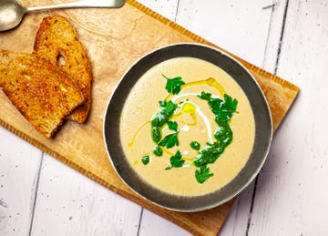 roasted celeriac soup topped with kale pesto