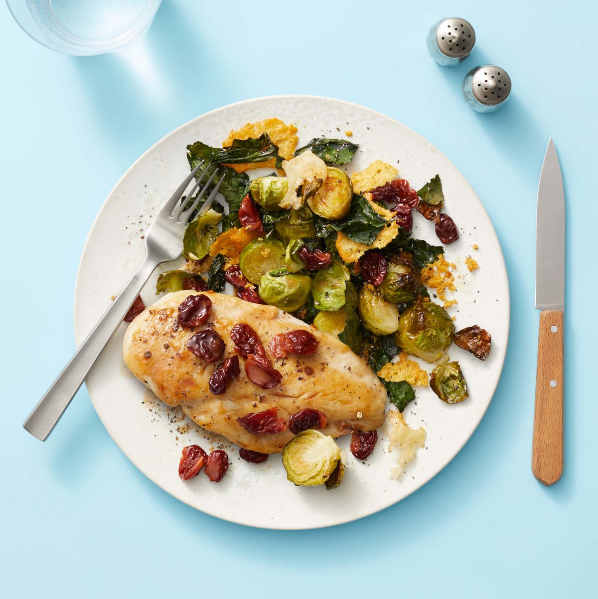 roasted cherry chicken with parmesan brussels sprouts