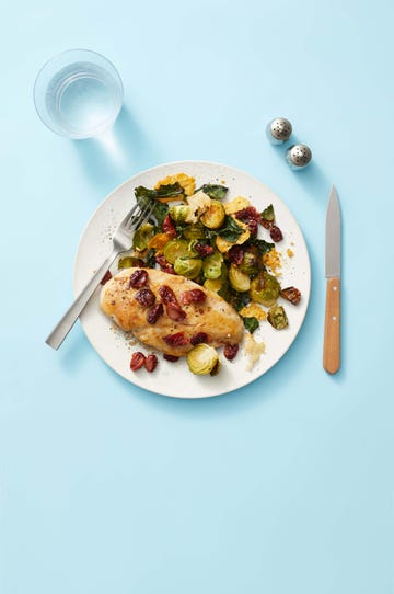 roasted cherry chicken with parmesan brussels sprouts