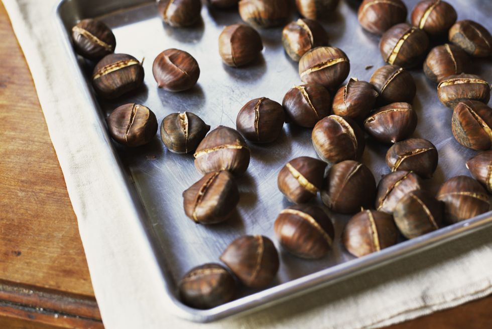Roasted Chestnuts on Baking Sheet