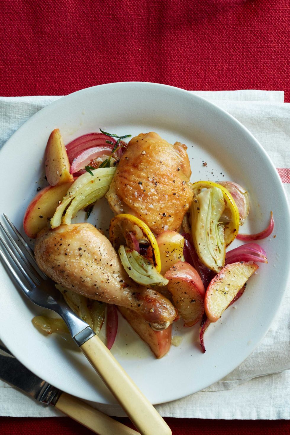 roasted chicken, apples and onions
