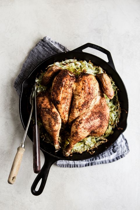 roasted chicken and cabbage in skillet