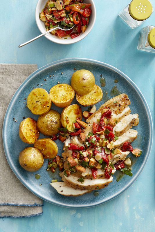 heart healthy recipes roasted chicken and garlic potatoes with red pepper relish
