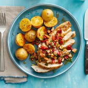 Roasted Chicken and Garlic Potatoes with Red Pepper Relish