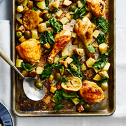 roasted chicken and potatoes with kale