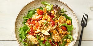 roasted chickpea, tomato and chicken salad bowls