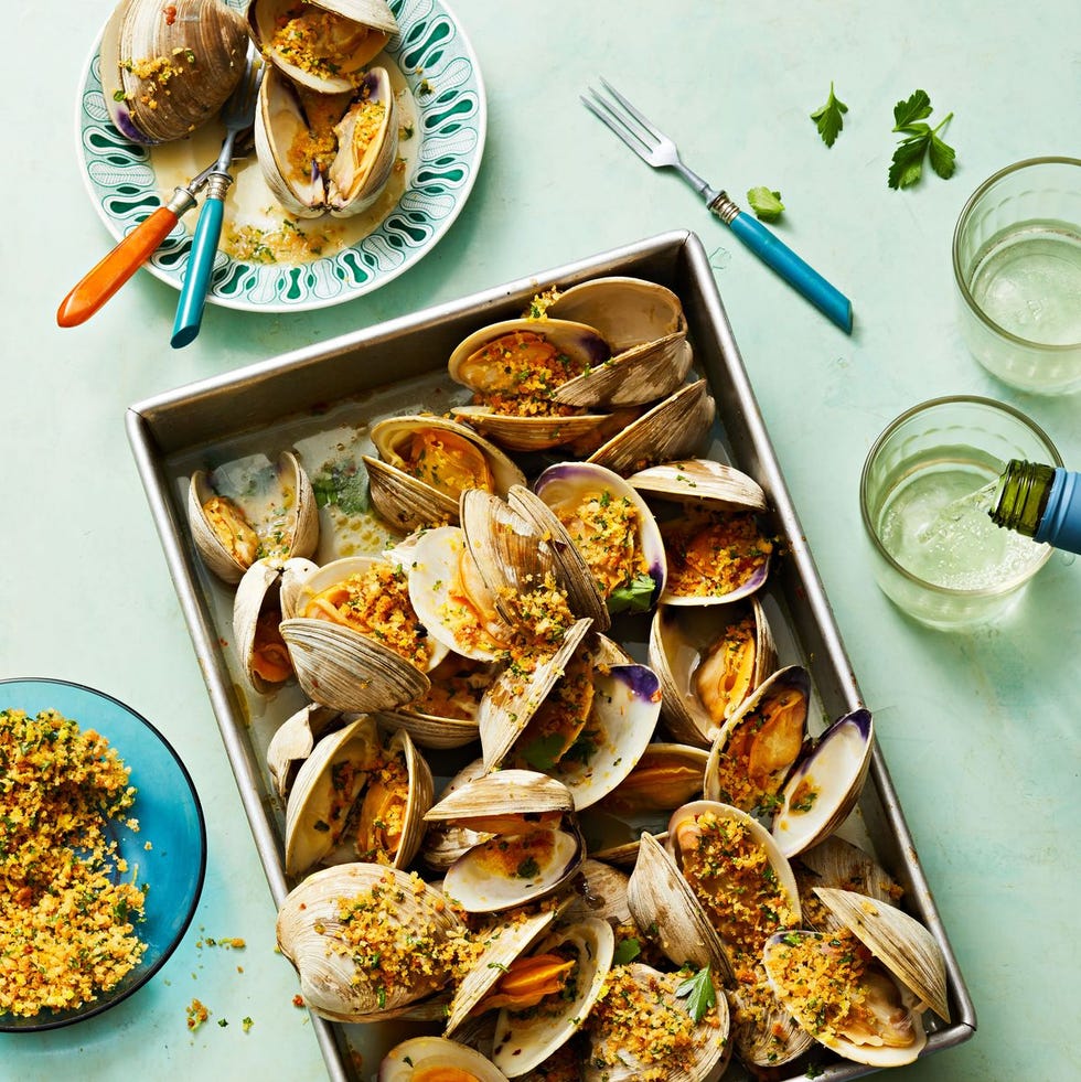roasted clams with lemony panko in a sheet pan