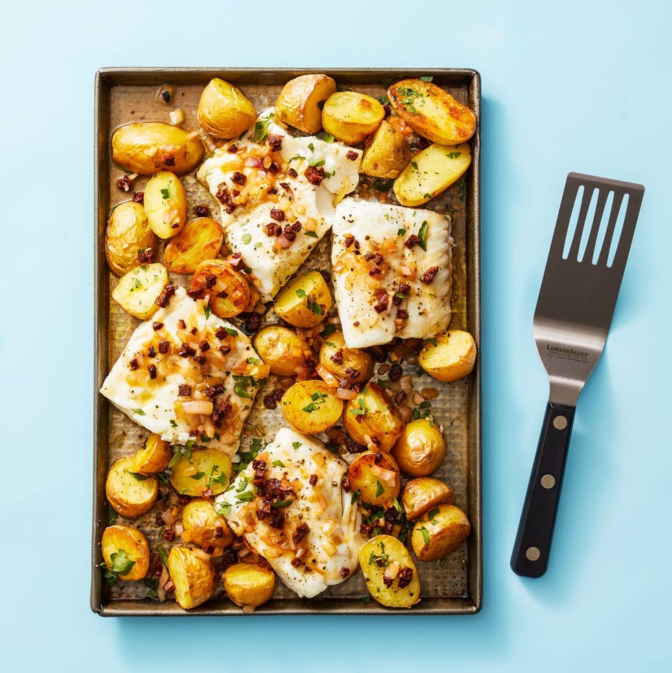 roasted cod and potatoes with chorizo vinaigrette