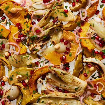 roasted fennel with delicata squash, apples, shallots, hazelnuts, pomegranate seeds, and parsley