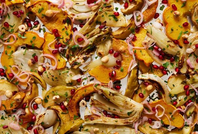 roasted fennel with delicata squash, apples, shallots, hazelnuts, pomegranate seeds, and parsley