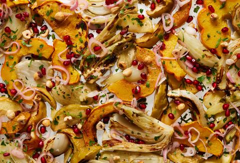 roasted fennel with delicata squash, apples, shallots, hazelnuts, pomegranate seeds, and parsley