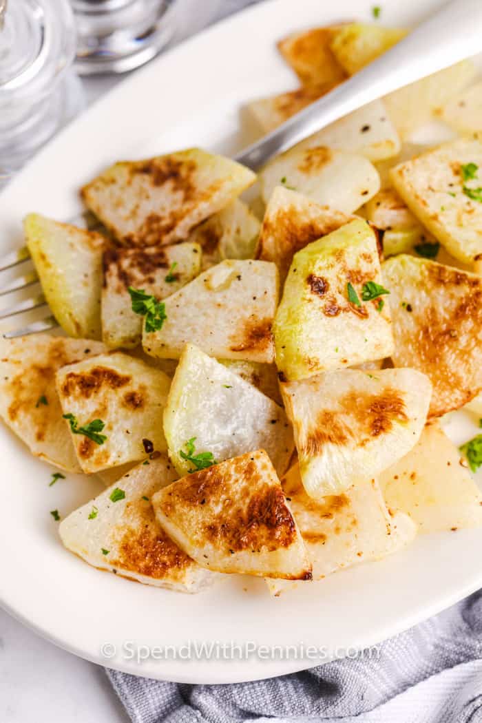 a closeup of roasted kohlrabi