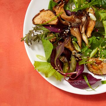 roasted mushrooms on greens with miso dressing