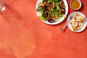 roasted mushrooms on greens with miso dressing