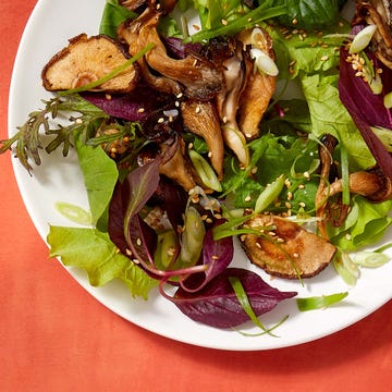 roasted mushrooms on greens with miso dressing