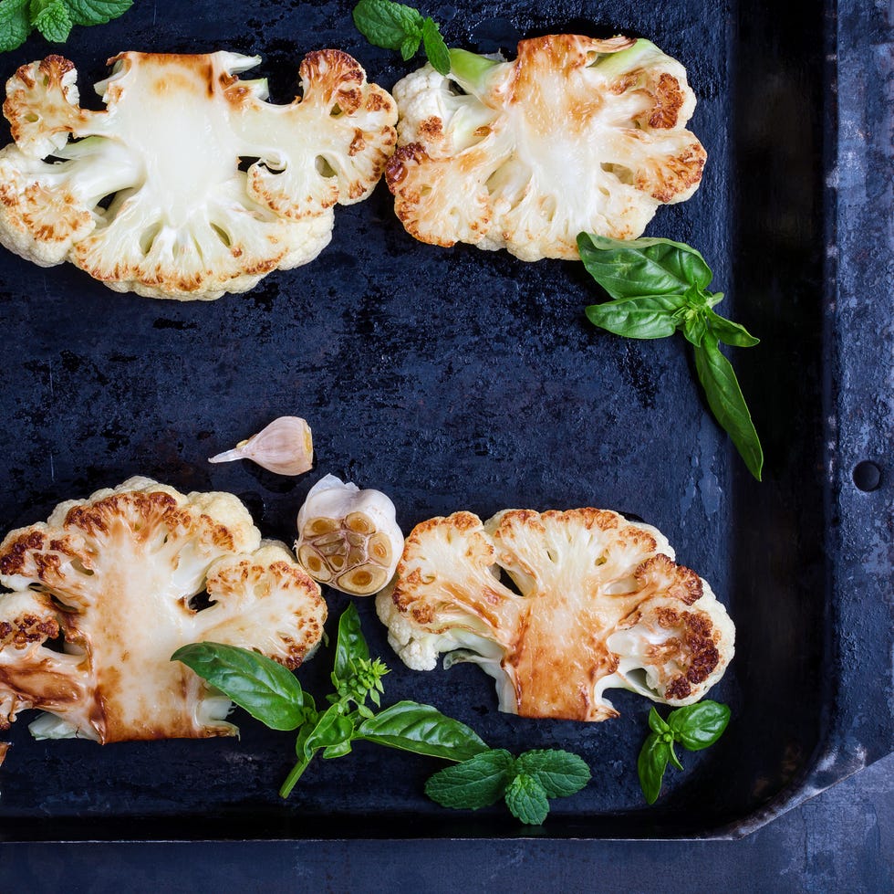 roasted organic cauliflower steak on baking dish