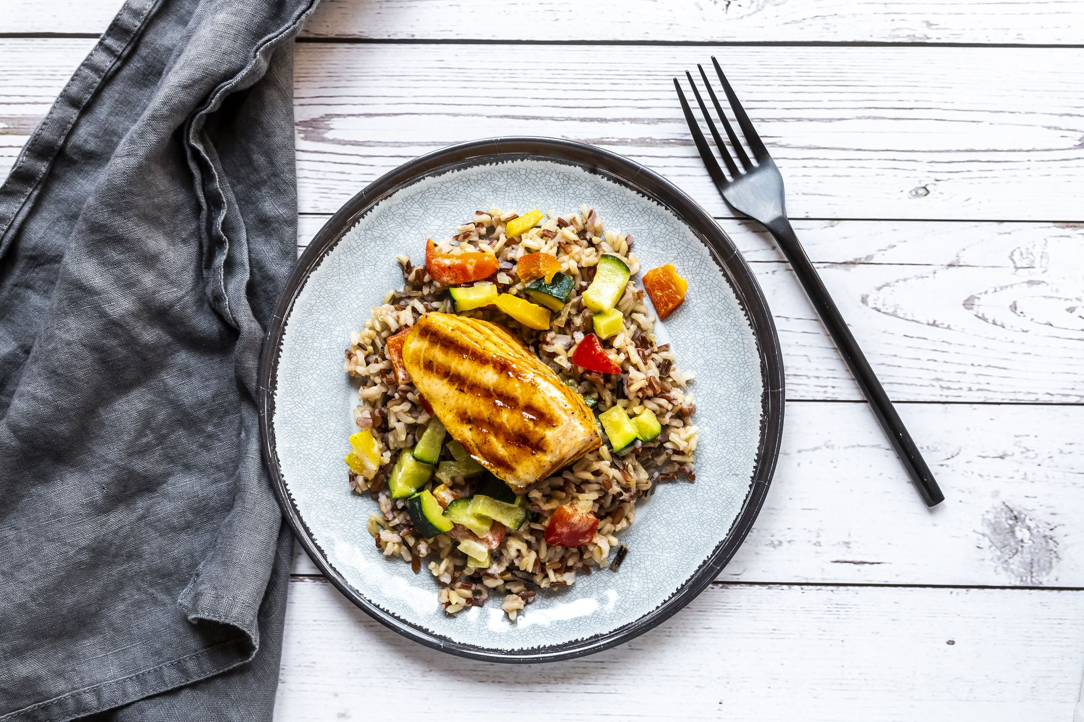 roasted salmon with wild rice and vegetables