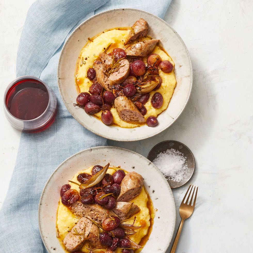 roasted sausage and grapes served over polenta