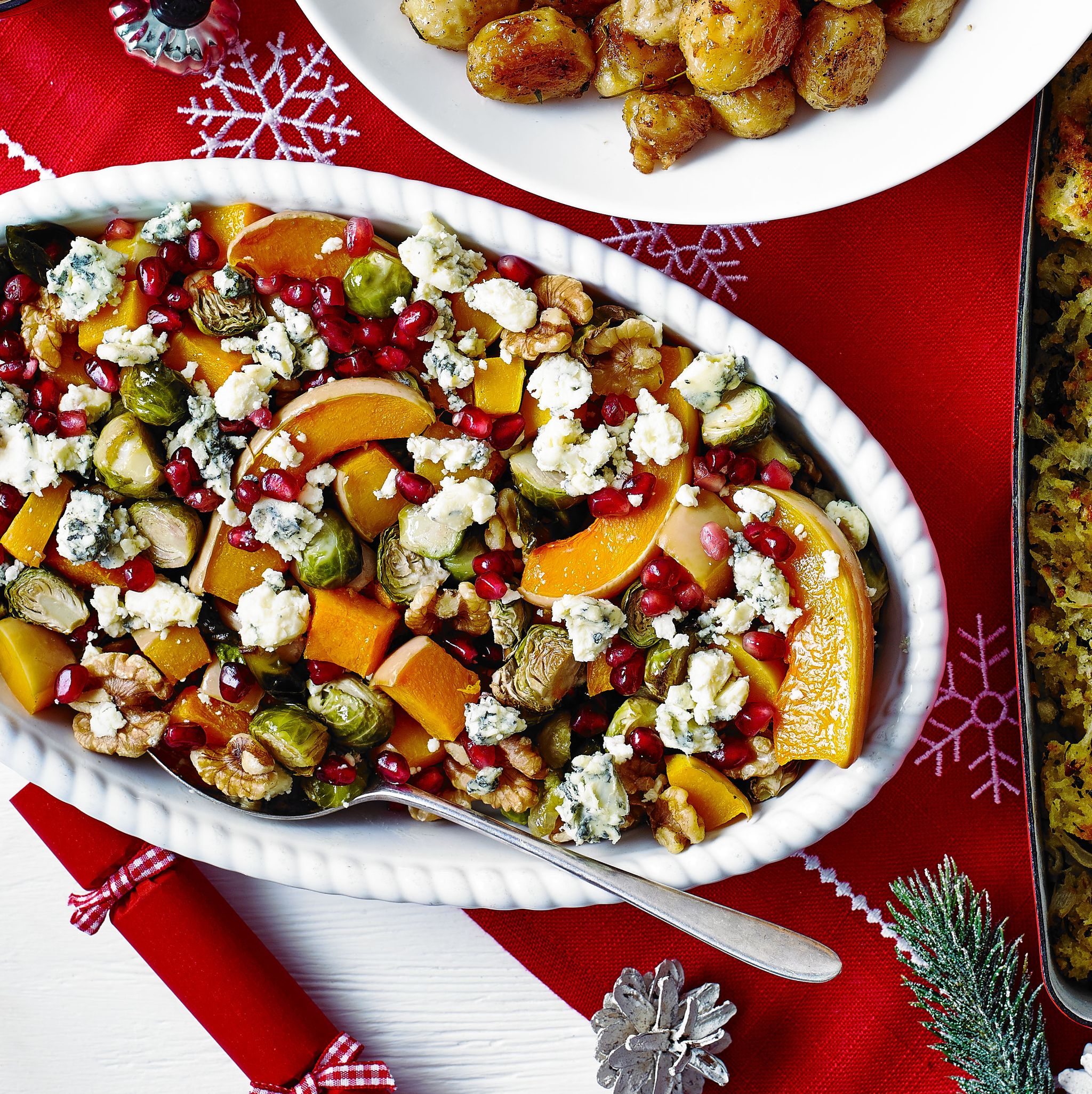 roasted squash and sprouts with blue cheese