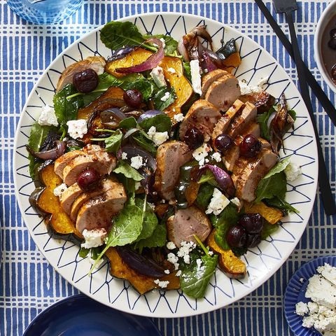healthy salads   roasted squash, pork, and kale salad with cherries