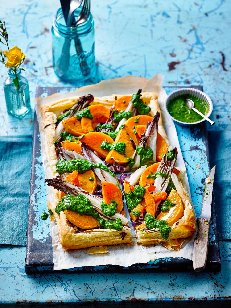 roasted squash and red chicory tart with salsa verde