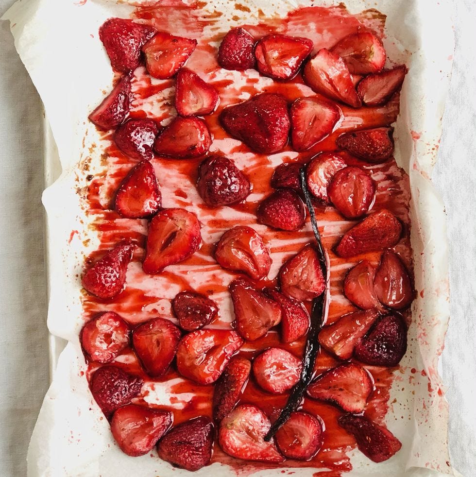 a close up of roasted strawberries