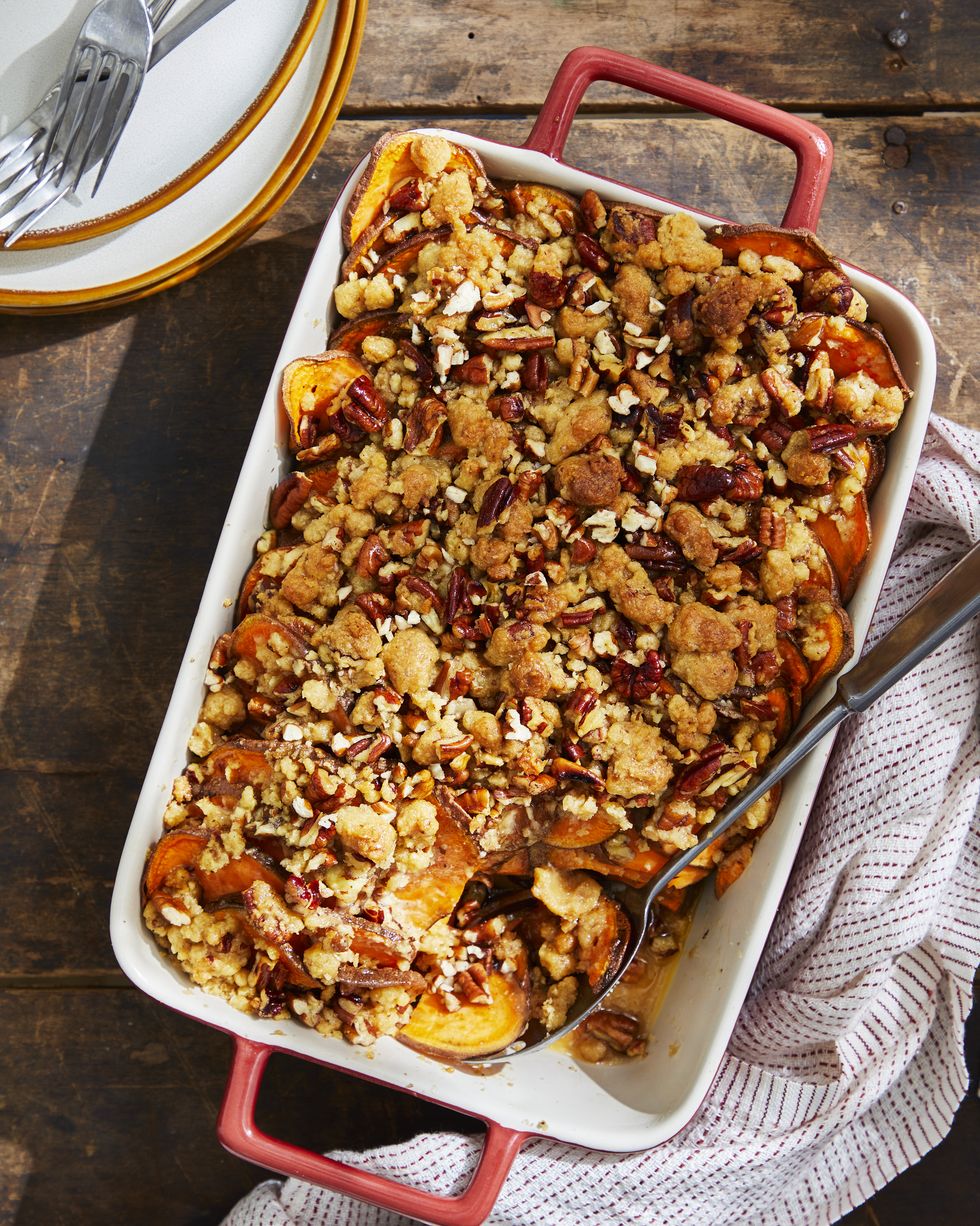roasted sweet potato coins with rosemary pecan streusel