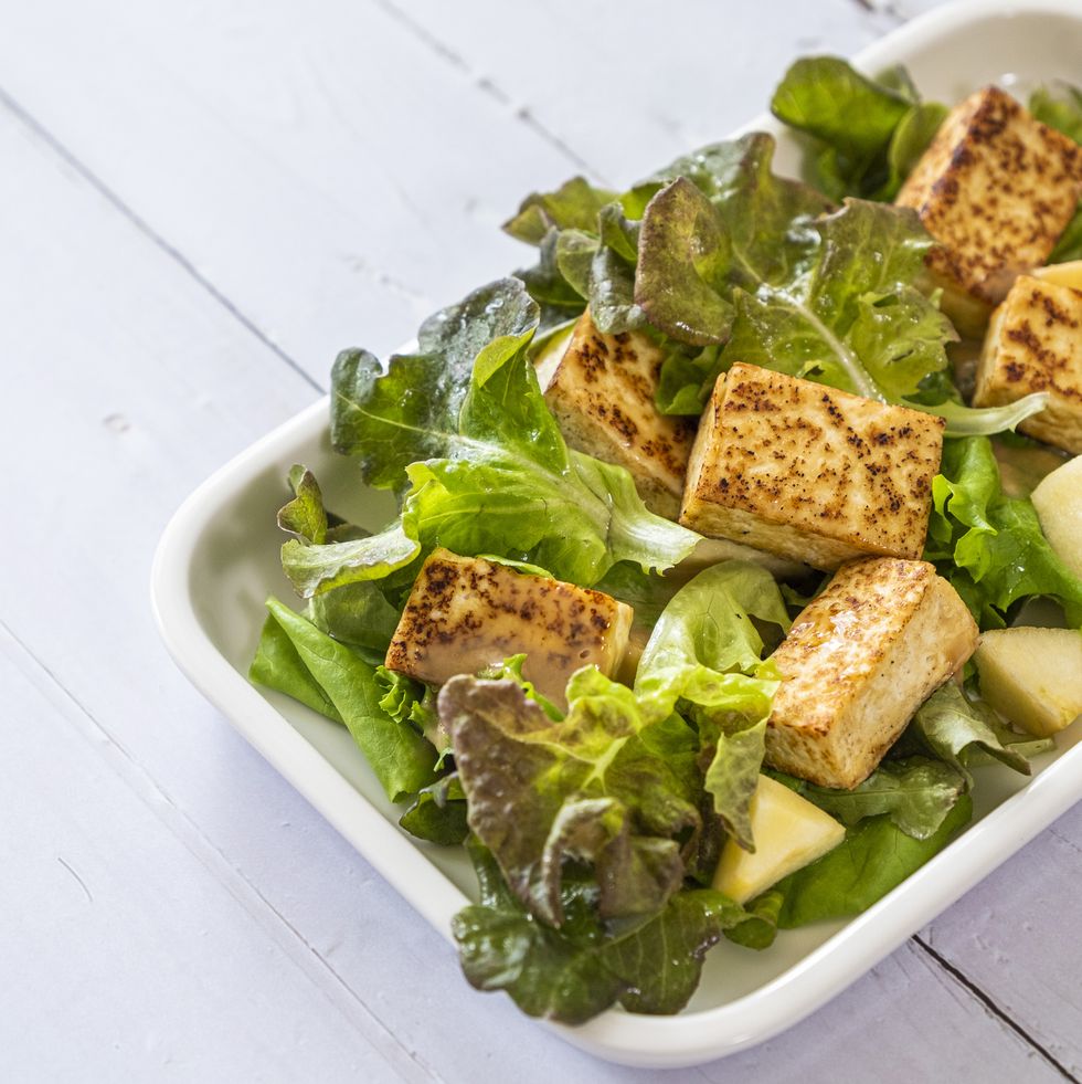 roasted tofu salad with cabbage and japanese style sesame sauce, vegan food