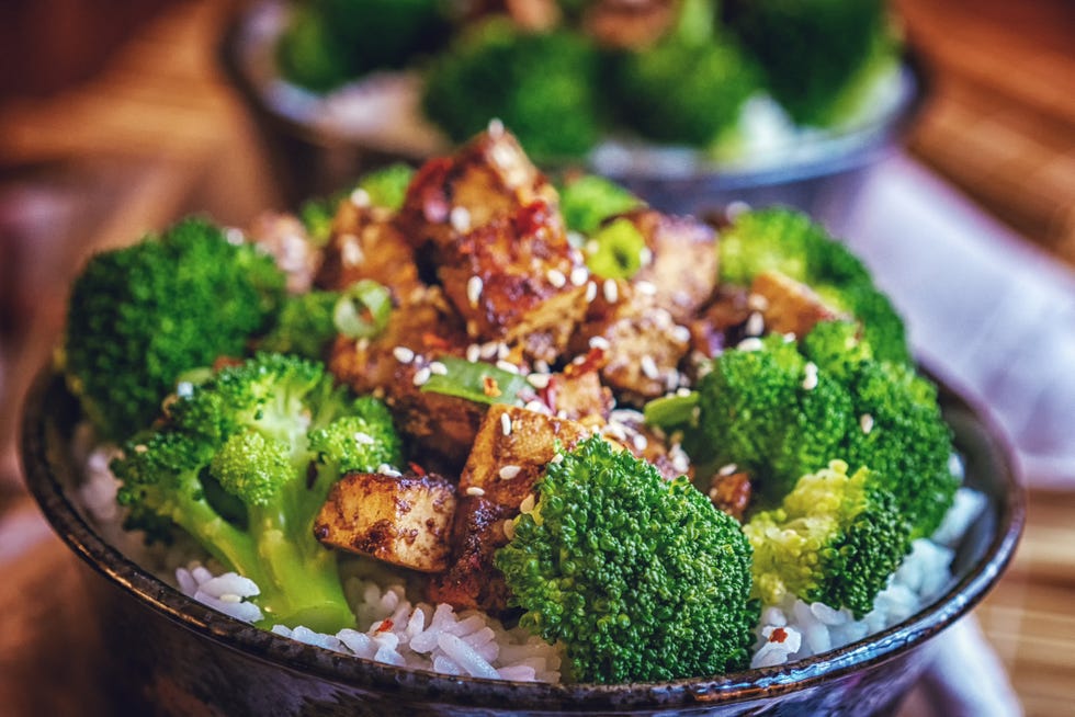 roasted tofu with soy sauce, broccoli and rice