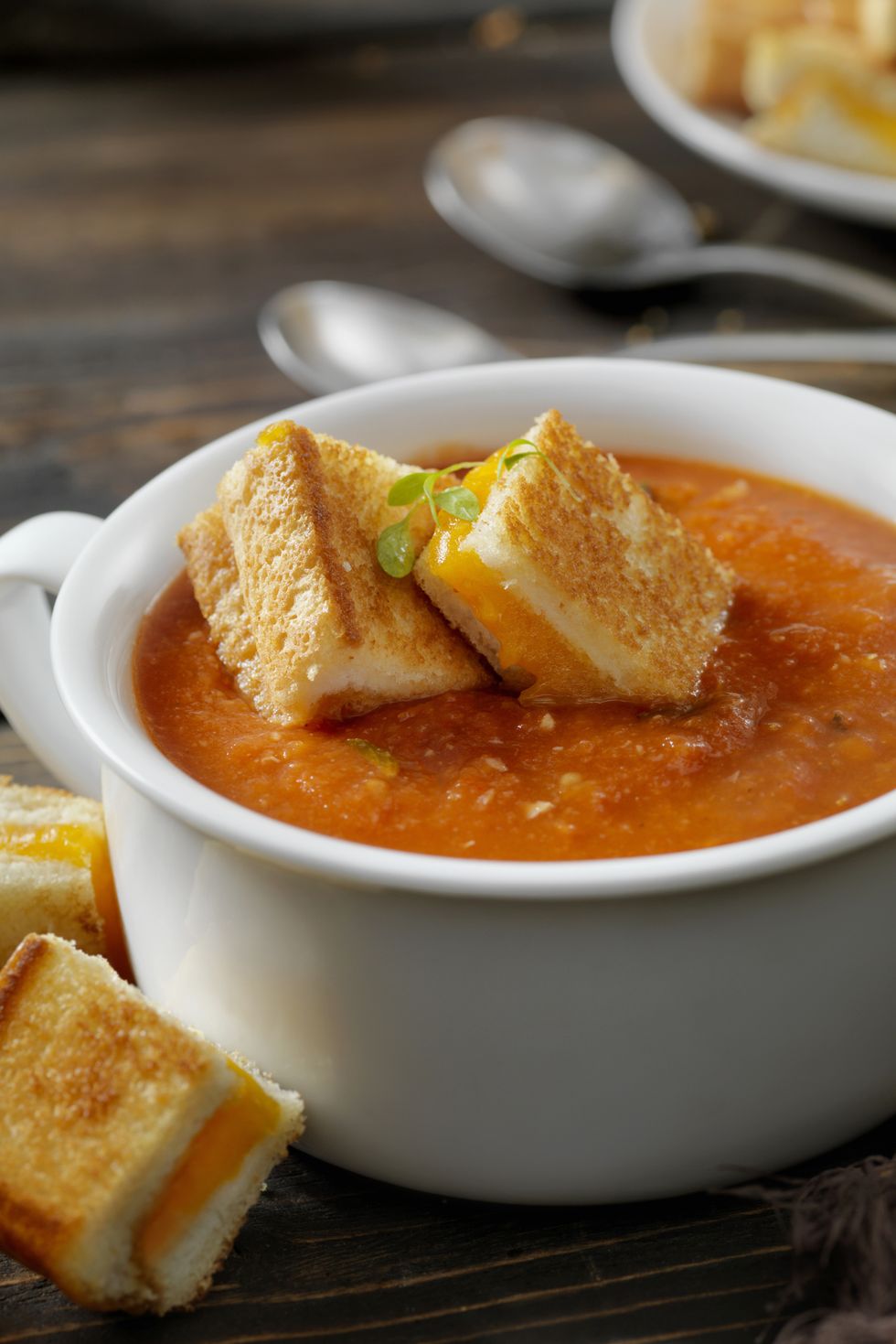 roasted tomato, garlic and basil soup with grilled cheese croutons