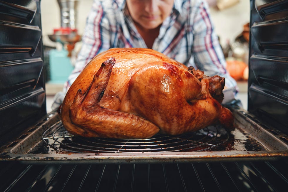 roasting turkey in the oven for holiday dinner
