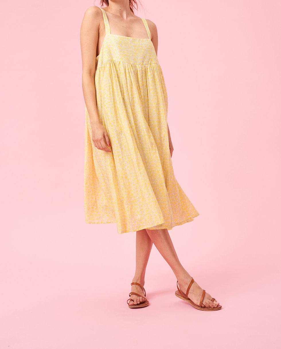 Clothing, Dress, Day dress, Yellow, Fashion model, Pink, Cocktail dress, Neck, One-piece garment, Shoulder, 