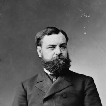 robert todd lincoln in a black and white portrait, he has a bushy full beard and wears a peacock