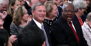 washington, dc   october 08 l r us supreme court chief justice john roberts and associate justices clarence thomas, ruth bader ginsburg, stephen breyer, samuel alito, sonia sotomayor and elena kagan attend the ceremonial swearing in of associate justice brett kavanaugh in the east room of the white house october 08, 2018 in washington, dc kavanaugh was confirmed in the senate 50 48 after a contentious process that included several women accusing kavanaugh of sexual assault kavanaugh has denied the allegations photo by chip somodevillagetty images